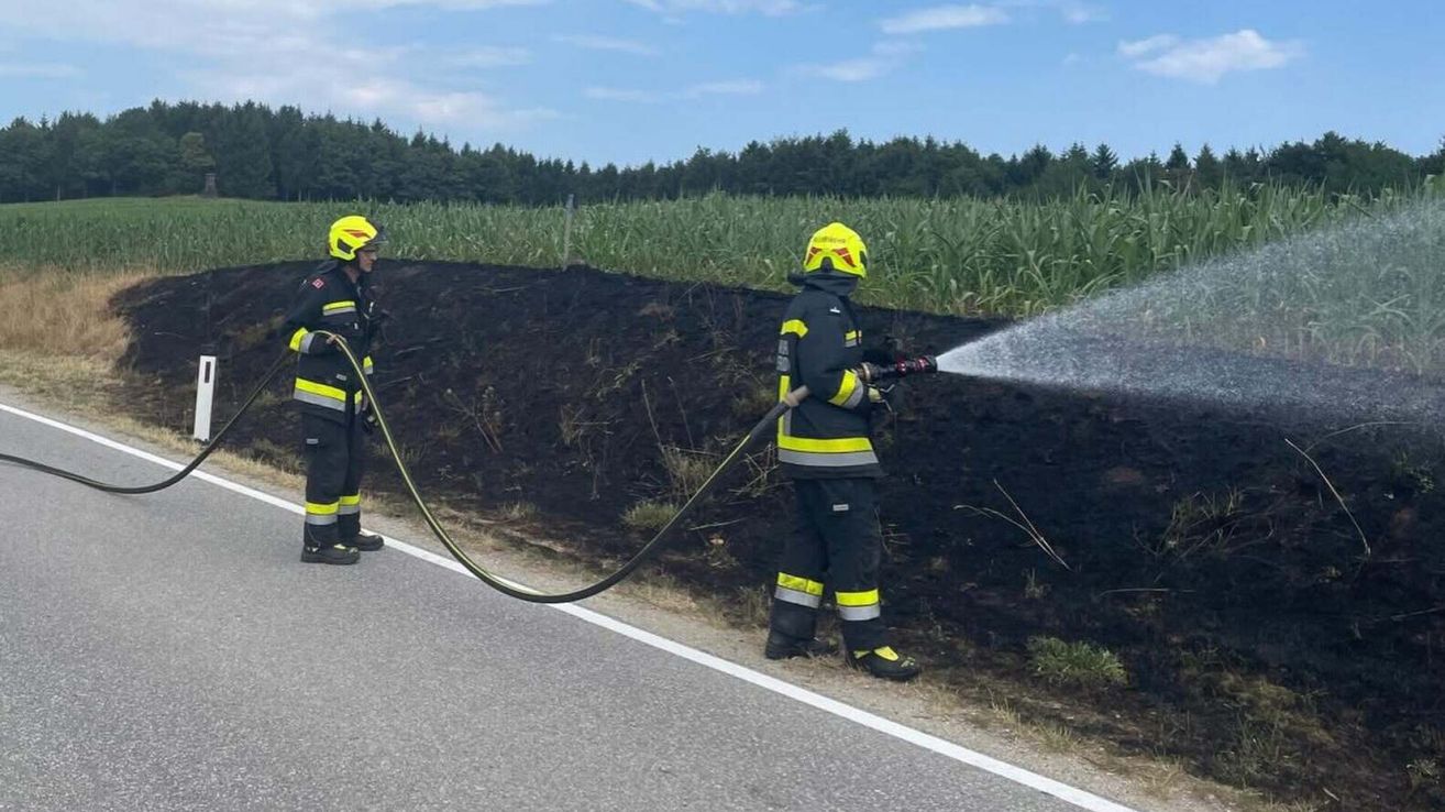 Zwei Feuerwehrleute in gelben Helmen sprühen Wasser auf ein verbranntes Gebiet neben einer Straße.
