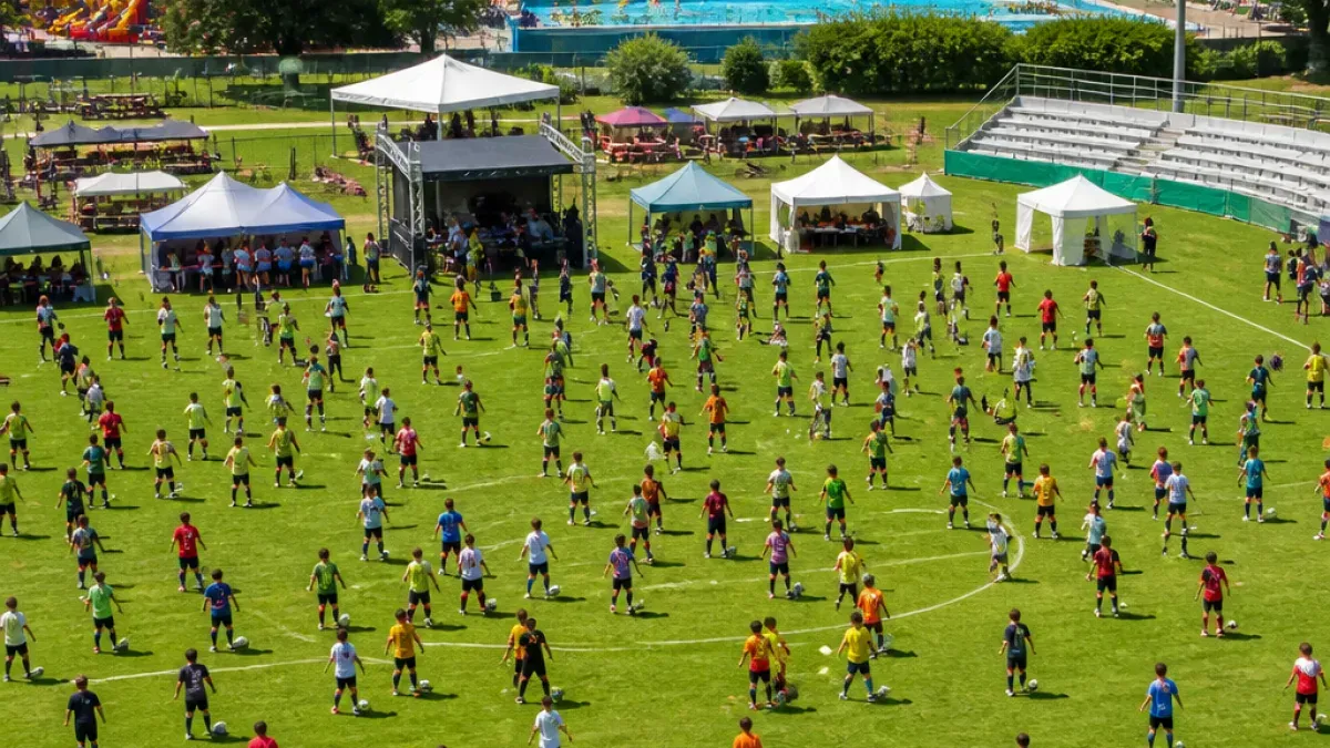 Eine große Gruppe von Kindern spielt Fußball auf einem Feld mit mehreren Zelten und einer Bühne im Hintergrund.