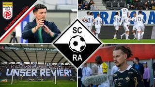 Eine Collage von Fußballspielern in Aktion, einschließlich eines Spielers, der feiert, eines Spielers, der spricht, und eines Spielers in einem schwarz-weißen Trikot. Der Hintergrund zeigt ein Fußballfeld, ein Banner und eine Menge.