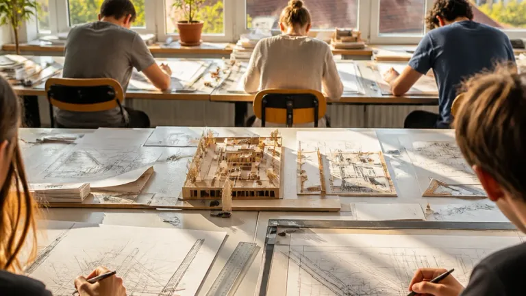 Eine Gruppe von Studenten arbeitet in einem Klassenzimmer mit großen Fenstern und einer Topfpflanze an architektonischen Entwürfen. Sie sitzen an Schreibtischen mit Blaupausen und einem kleinen Modellgebäude vor sich.