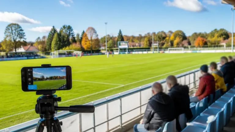 Ein Smartphone auf einem Stativ filmt ein Fußballspiel aus der Perspektive eines Zuschauers und zeigt ein grünes Spielfeld und zwei Zuschauer im Vordergrund.