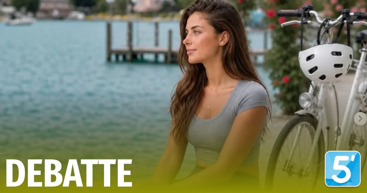 Eine Frau mit langen braunen Haaren, die ein graues Tanktop trägt, sitzt am Wasser und schaut nach rechts. Hinter ihr befindet sich ein Holzsteg und ein Fahrrad. Das Wort 'Latte' steht in Weiß links unten.