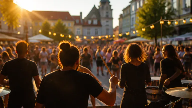 Eine Menschenmenge versammelt sich auf einem Freigelände, wahrscheinlich für ein Festival. Ein Mann spielt ein Schlagzeug, während eine Frau ein Schlagzeug spielt. Im Hintergrund befinden sich Gebäude und Bäume.