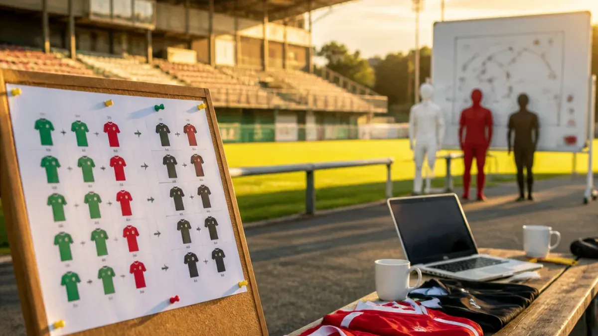 Ein Fußballstadion mit leeren Sitzen und einer Anzeigetafel, ein Whiteboard mit angehefteten Fußballtrikots, ein Laptop und eine Tasse auf einem Tisch.