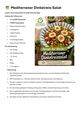 Ein Rezept für einen mediterranen Dinkelreissalat mit aufgelisteten Zutaten und Zubereitungsschritten. Das Bild zeigt einen Teller des Gerichts mit Eiern, Gemüse und Feta.