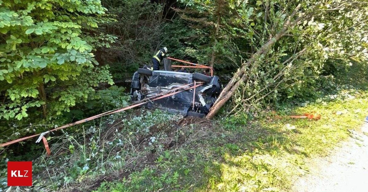 Ein umgekipptes Auto wird mit einem Seil aus einem Wald gezogen. Ein Feuerwehrmann steht in der Nähe.