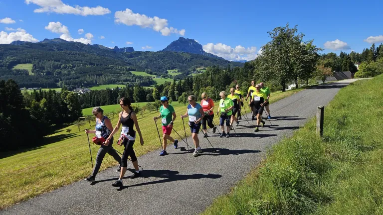 Eine Gruppe von Menschen läuft auf einer Straße mit einem Berg im Hintergrund. Sie tragen Sportkleidung und halten Wanderstöcke.
