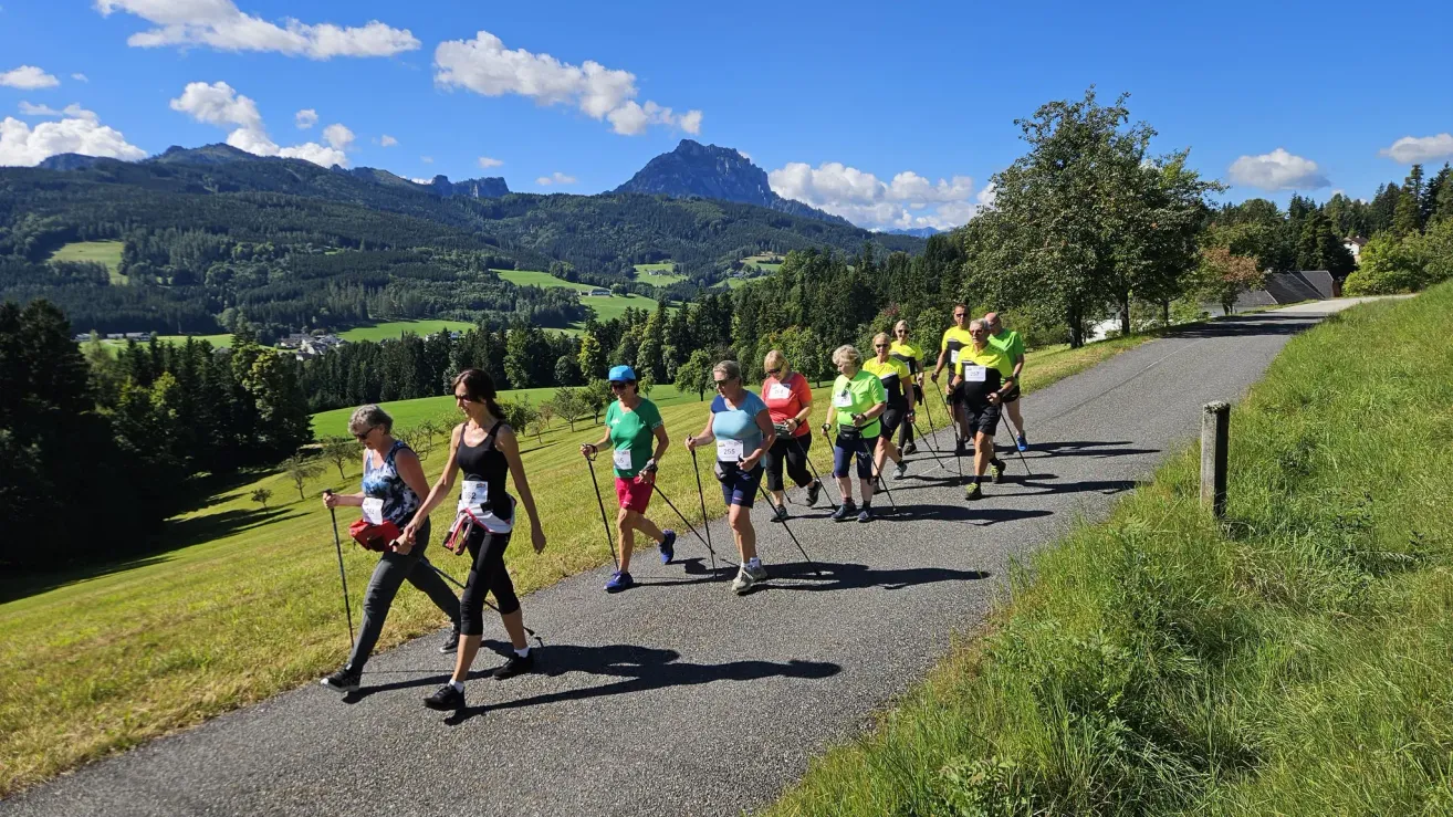 Eine Gruppe von Menschen läuft auf einer Straße mit einem Berg im Hintergrund. Sie tragen Sportkleidung und halten Wanderstöcke.