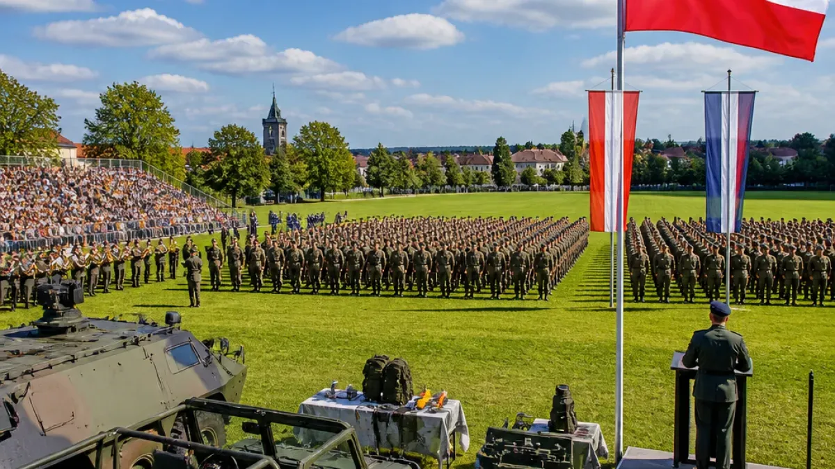 Eine Militärparade auf einem grünen Feld mit Soldaten in Uniform, einer Flagge und Fahrzeugen im Vordergrund. Bäume und Gebäude im Hintergrund.