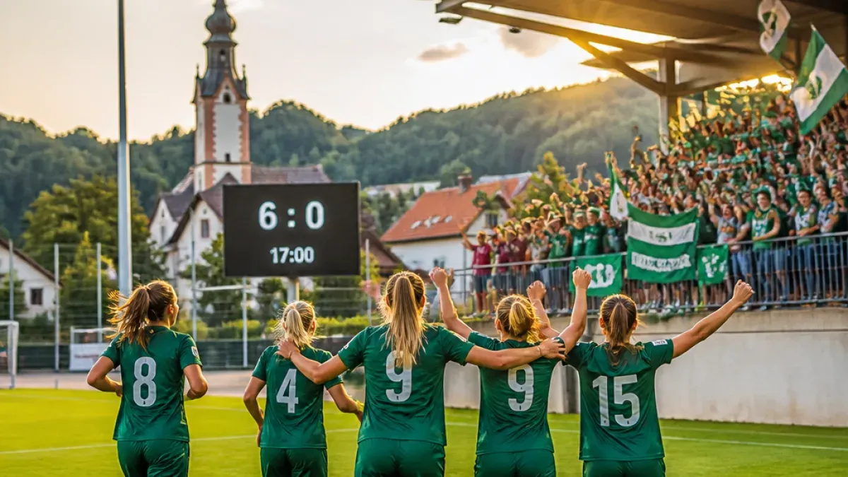 Fünf Frauen in grünen Trikots mit den Nummern 4, 9, 9 und 15 feiern auf einem Fußballfeld, während eine Menge im Hintergrund jubelt.