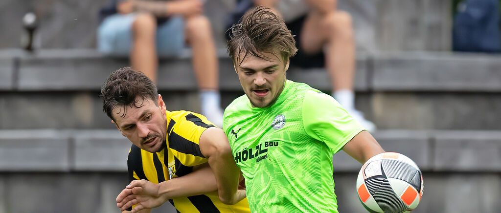 Zwei Fußballspieler kämpfen um den Ball. Einer in einem grünen Trikot hält den Ball, während der andere in einem gelben und schwarzen Trikot versucht, ihn zu stehlen.