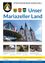 Ein Flyer für Mariazeller Land mit einer Kirche, geschmückt für Festlichkeiten, einem neuen Postamt, einem Kindergartenteam und einer Gruppe von Männern auf Baumstämmen sitzend.