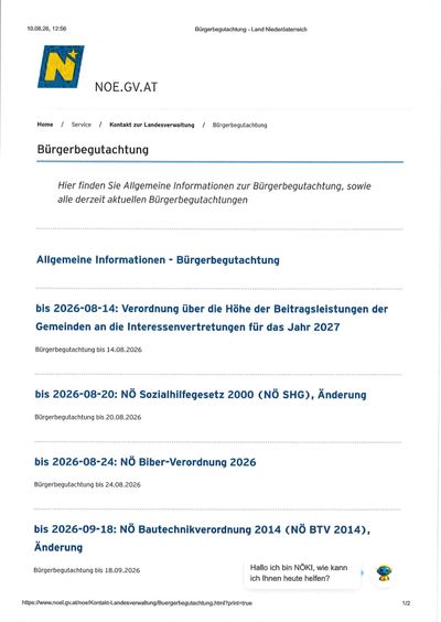 Eine Webseite mit dem Titel 'Burgerbegutachtung' bietet allgemeine Informationen und aktuelle Bewertungen zu Bürgerbeteiligungen, mit spezifischen Daten und Vorschriften aufgelistet.