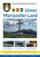 Ein Flyer für 'Unser Mariazeller Land' mit einem Kreuz auf einem Berg, einem See, einem Bus und zwei Männern in Anzügen.