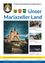 Ein Flyer für Mariazeller Land mit einer Kirche, einem Zug und einem Fest. Die Kirche ist prominent mit einem bewölkten Himmel dargestellt. Der Flyer enthält auch ein Foto eines Zuges auf einer Schiene und eines Festes mit Menschen.