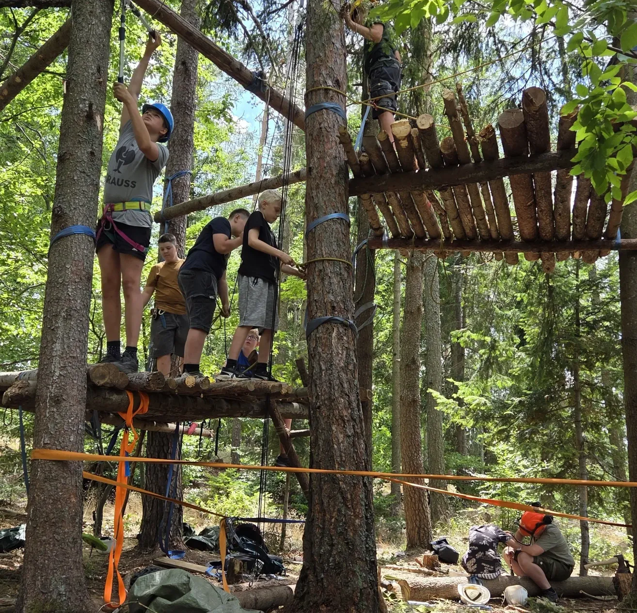 Eine Gruppe junger Menschen klettert auf eine Holzkonstruktion im Wald. Sie tragen Helme und Gurte.