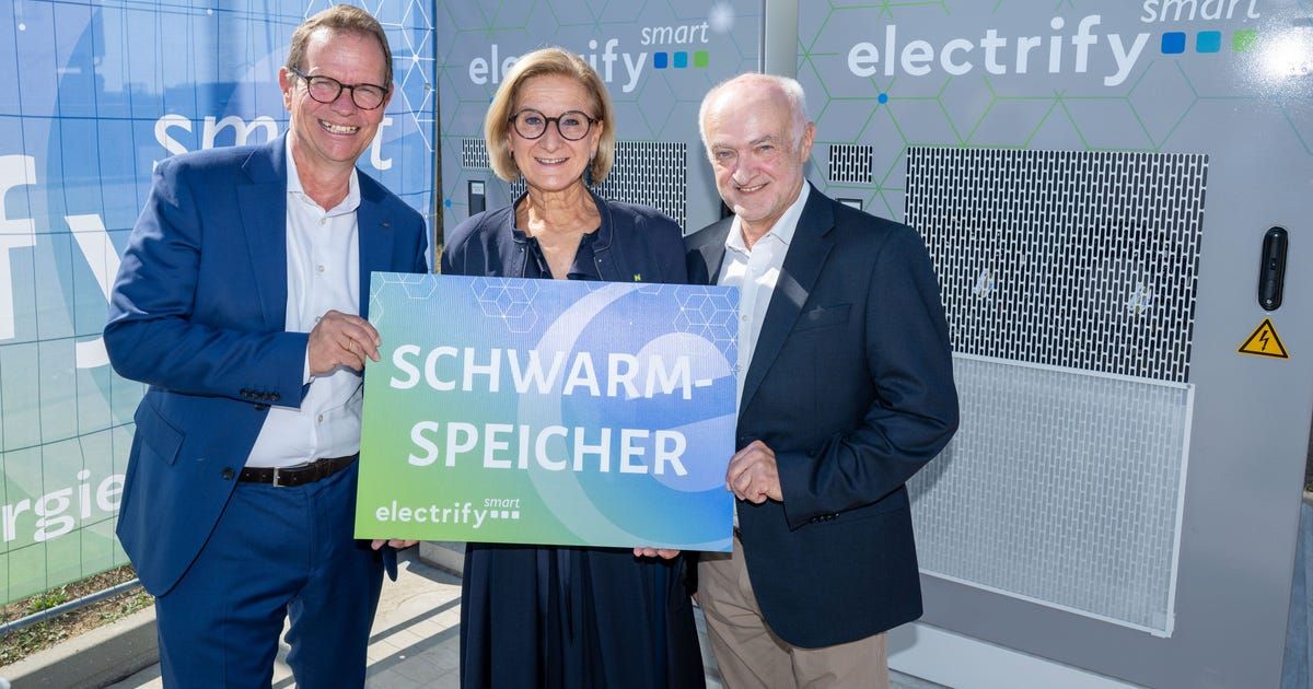 Drei Personen stehen zusammen und halten ein Schild mit der Aufschrift 'SCHWARZ-SPEICHER' vor einem Hintergrund mit dem Wort 'electrify'. Der Mann links trägt eine Brille und einen Gürtel, die Frau in der Mitte hat eine Brille und einen blauen Mantel, und der Mann rechts trägt einen Anzug.