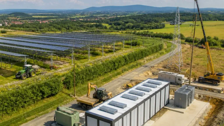 An aerial view of a solar farm with solar panels, a construction vehicle, and a large electrical tower.