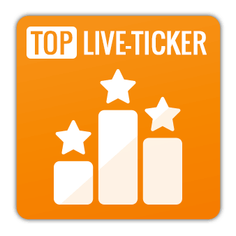 Ein orangefarbenes Quadrat mit der Aufschrift 'Top Live-Ticker' mit einem Balkendiagramm, das drei aufsteigende Balken zeigt, jeder gekrönt von einem Stern. Die Balken sind weiß mit einem Farbverlauf.