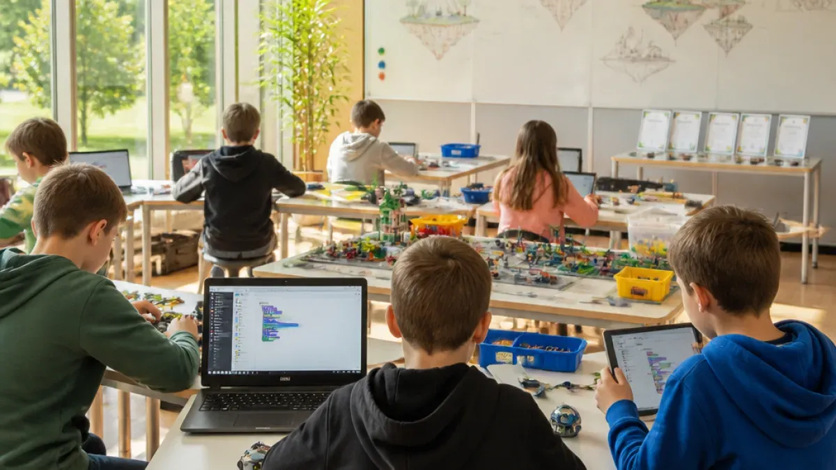 Ein Klassenzimmer mit Kindern, die an Computern arbeiten und mit Legos bauen. Ein Kind konzentriert sich auf einen Laptop-Bildschirm, während andere an verschiedenen Projekten arbeiten.