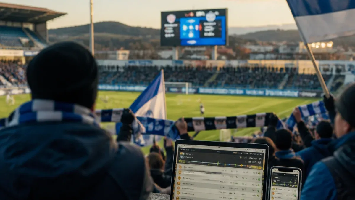 Ein Fußballfan beobachtet ein Spiel auf einer großen Leinwand, während er eine Fahne hält. Die Anzeigetafel ist auf dem Bildschirm sichtbar, und das Spielfeld ist mit Zuschauern gefüllt.