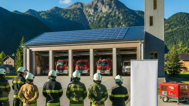 A fire station with solar panels on the roof, four firefighters in green uniforms stand in front of it, with three red fire trucks parked inside the garage.