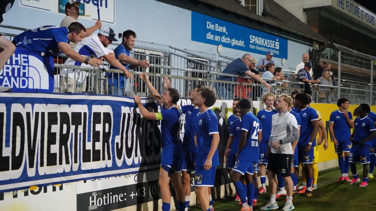 Eine Gruppe von Fußballspielern in blauen Trikots feiert ein Tor auf dem Spielfeld, während Fans im Hintergrund jubeln.