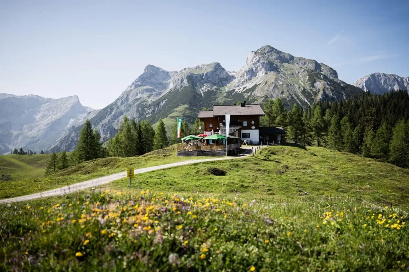 Ein Chalet mit einer Flagge und grünen Sonnenschirmen steht auf einem grasbewachsenen Hügel, umgeben von Bäumen und Blumen, mit Bergen im Hintergrund.