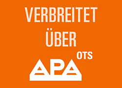 Ein orangefarbener Hintergrund zeigt weißen Text, der 'VERBREITET ÜBER OTS APA' mit einem weißen APA-Logo darunter liest.