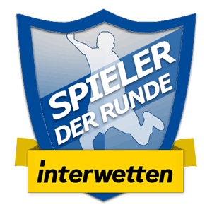 Ein blaues Schildlogo mit einer Person, die in einer Silhouette läuft. Die Worte 'SPIELER DER RUNDE' sind in Weiß auf blauem Hintergrund geschrieben. Unter dem Schild steht das Wort 'interwetten' in Gelb.