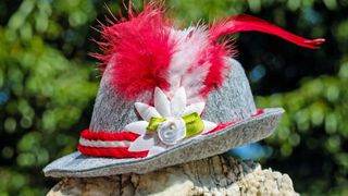 Ein grauer Filzhut mit roten und weißen Federn und einer weißen Blume mit einem grünen Band sitzt auf einem Felsen.