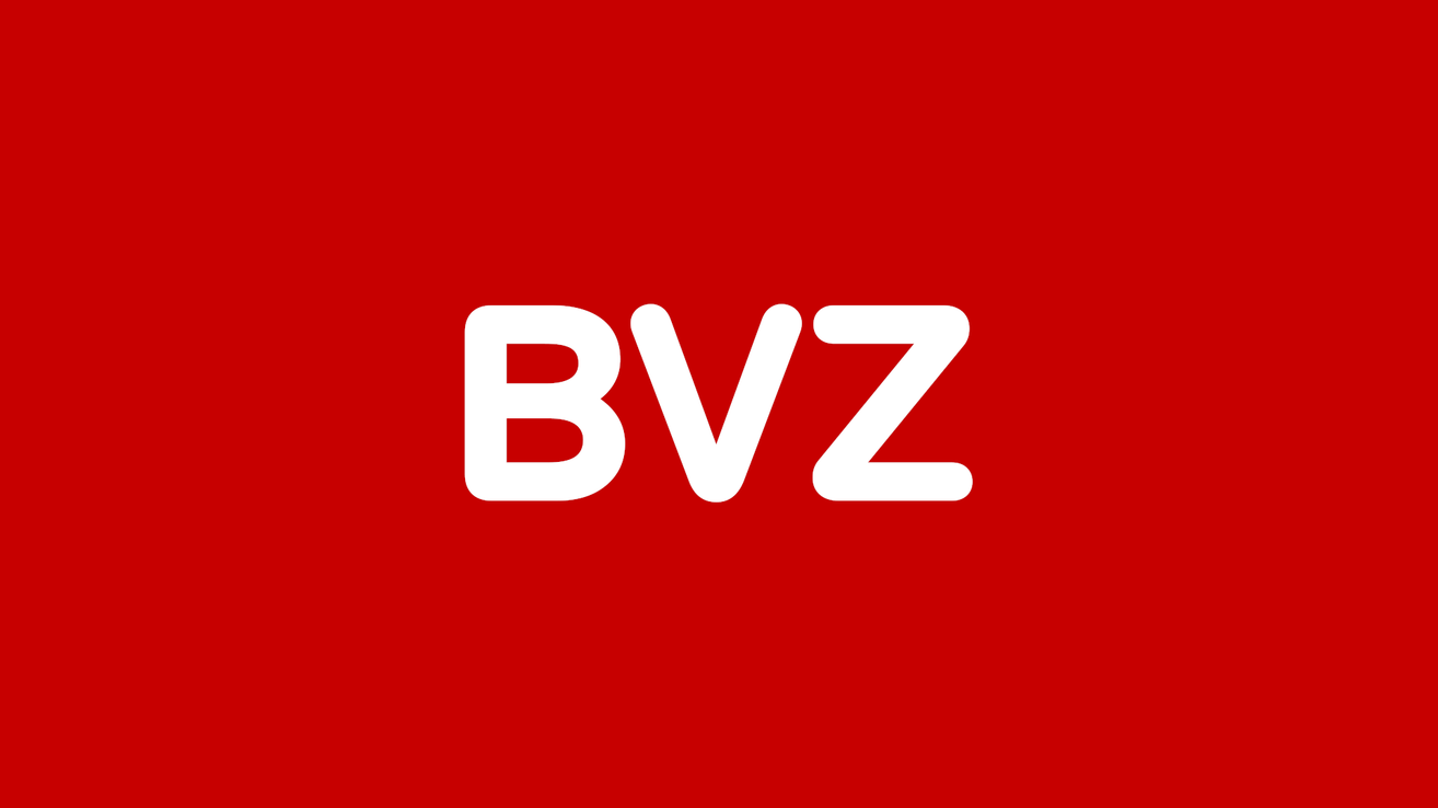 The image displays the letters BVZ in white on a red background. The letters are large and bold, with a modern, sans-serif font.