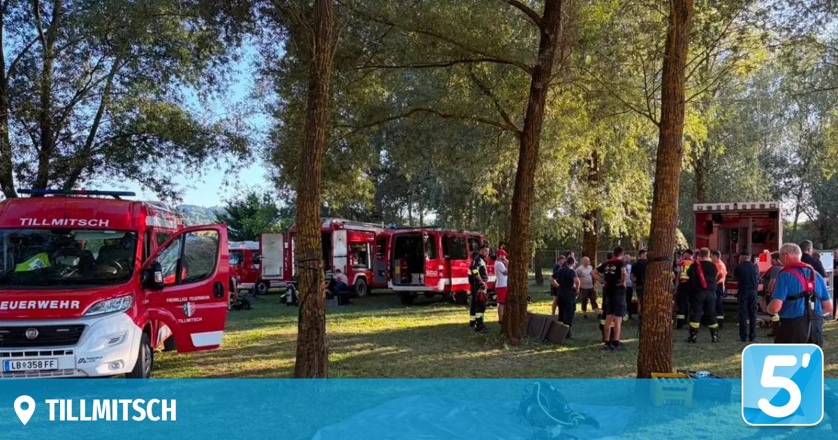 Eine Gruppe von Menschen versammelt sich um mehrere rote Feuerwehrfahrzeuge, die in einem Grasbereich geparkt sind, wobei einige Personen in der Nähe der Fahrzeuge stehen und andere sich unterhalten.