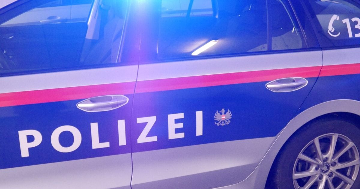 A police car with the word 'POLIZEI' written in white on the side, illuminated by a blue light at night.
