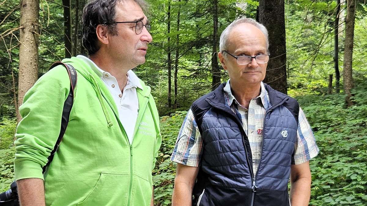 Two men stand in a forest, one in a green jacket and the other in a blue vest, both wearing glasses and looking ahead.