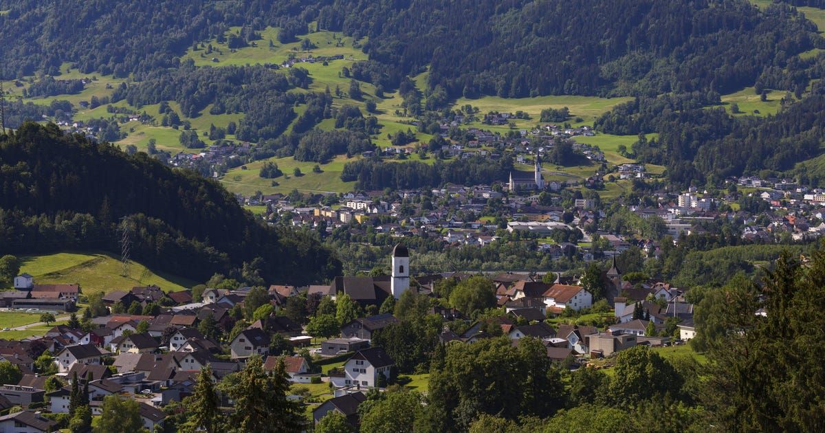 Aerial view of a small town nestled in the mountains, surrounded by lush green fields and dense forests. The town features a prominent white tower and numerous buildings.