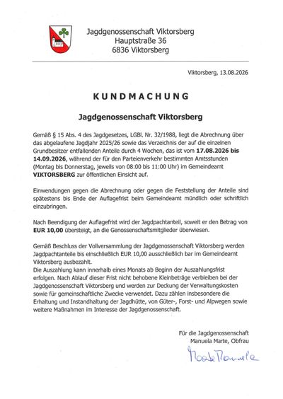 Amtliche Bekanntmachung der Jagdgenossenschaft Viktorsberg vom 13.08.2026 über das abgelaufene Jagdjahr 2025/26 und die Verteilung der Anteile. Die Bekanntmachung ist vom 17.08.2026 bis 14.09.2026 im Rathaus zur öffentlichen Einsicht verfügbar.