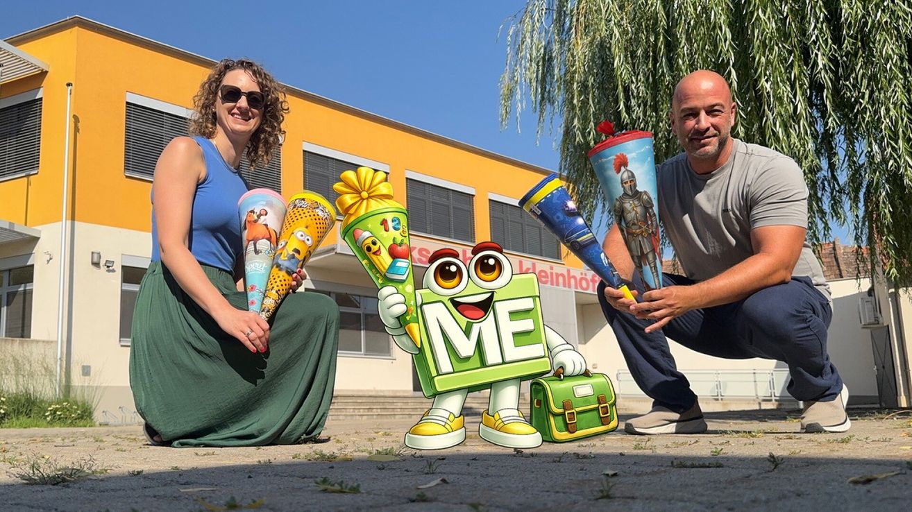 Two people are posing with large decorated cones in front of a building with a tree and a cartoon character in the foreground.