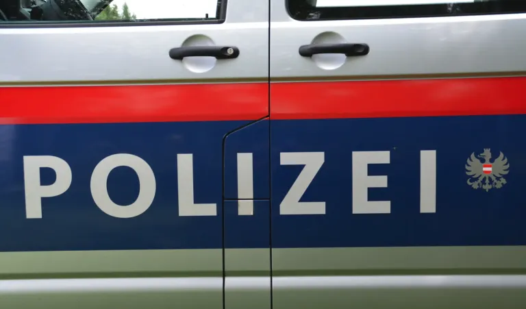 A close-up of a police vehicle's side with the word 'POLIZE' in white on a blue and red background.
