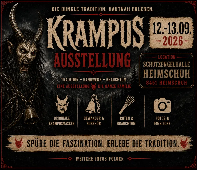 Plakat für eine Krampus-Ausstellung mit einer Krampusmaske, einer Glocke, einem Besen und einer Kamera. Die Veranstaltung findet vom 12. bis 13. Dezember 2026 in der Schutzengelhalle Heimschuh statt.