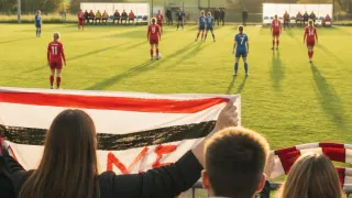 Ein Fußballspiel in vollem Gange mit Spielern in roten und blauen Uniformen, ein Spieler hält eine Fahne mit dem Wort 'ME' darauf.