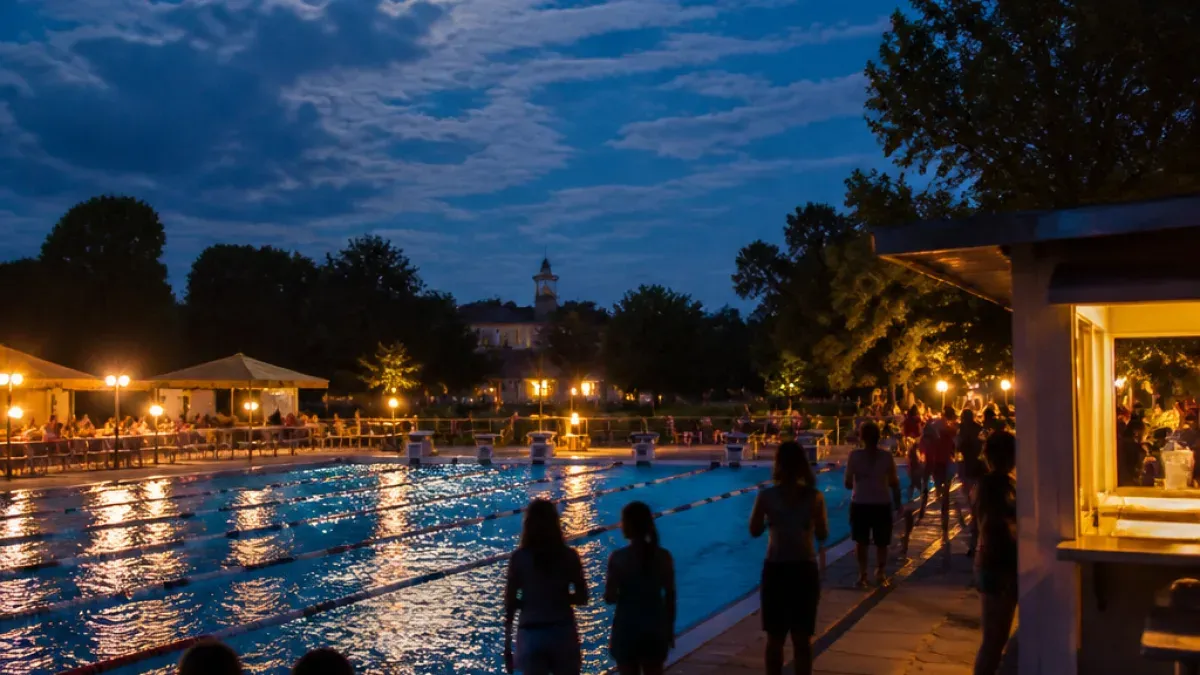 Eine Gruppe von Menschen geht nachts um einen Swimmingpool herum. Der Pool ist von Lichtern beleuchtet und im Hintergrund sind Bäume und Gebäude zu sehen.