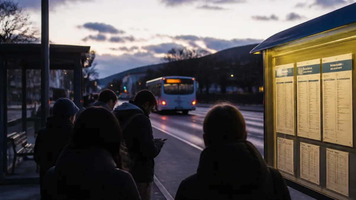 A group of people wait at a bus stop as a bus drives by on a road with a mountain in the background.