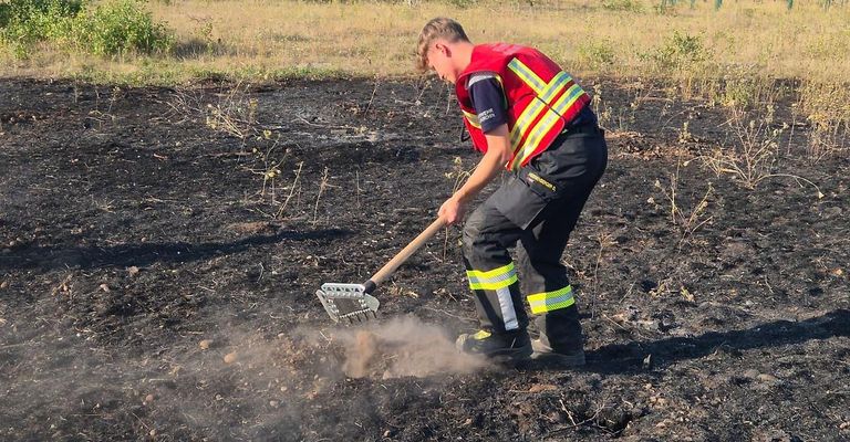 A firefighter in a reflective vest and pants with reflective stripes is using a rake to clear ash from a burnt field.