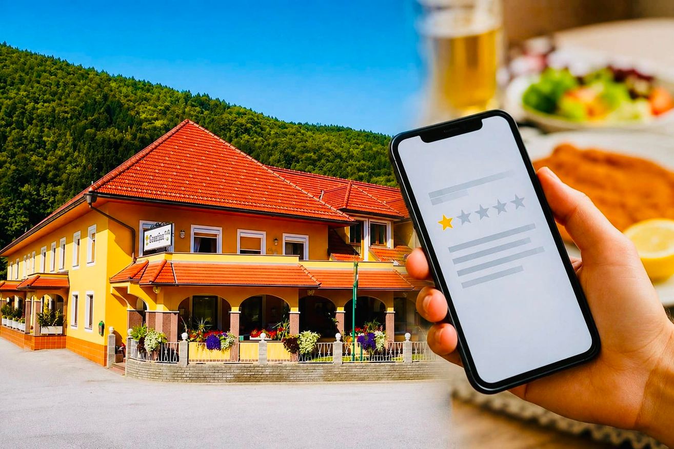 A smartphone displays a five-star rating in front of a yellow building with a red roof and a mountain in the background.