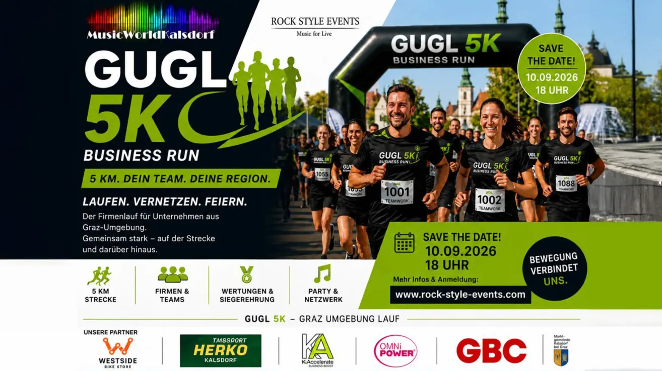 Plakat für den GUGL 5K Business Run, mit Läufern in schwarzen Uniformen, einem Datum vom 10.09.2026 und einem Aufruf, das Datum zu speichern.