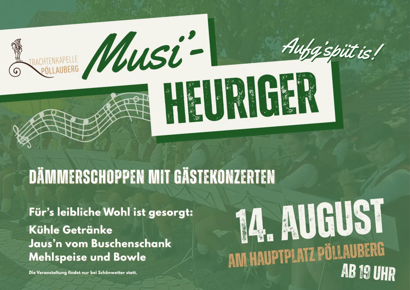 Poster for a music event at Heuriger Appelallee in Pöllau, featuring a musical note and a date of August 14. It includes details about food, drinks, and a location at the main square.