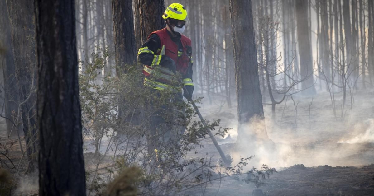 Ein Feuerwehrmann in einem gelben Helm und einer Maske benutzt ein Werkzeug, um einen Brand in einem Wald zu löschen.