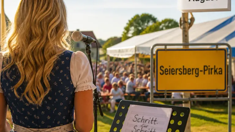 Eine Frau in traditioneller Kleidung steht vor einem Mikrofon und singt vor einem großen Publikum unter einem Zelt. Im Hintergrund ist ein Schild mit der Aufschrift 'Seiersdorf' zu sehen.