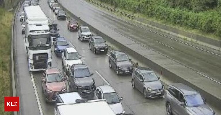 Eine Autobahn mit mehreren Spuren, auf denen sich Autos und Lastwagen langsam bewegen, in der linken Spur. Die Straße ist nass, und es gibt grüne Vegetation und Metallbarrieren an der Seite.